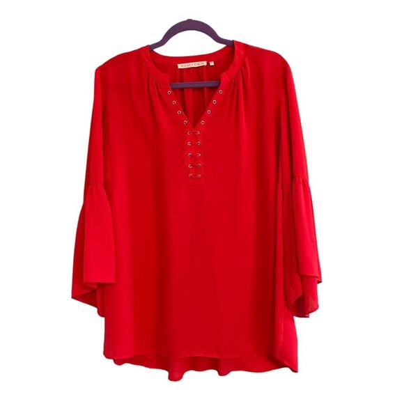Violet + Claire Bell Sleeve Blouse Red Flowy V-Neck Notch Collar Grommet Detail - Picture 1 of 8
